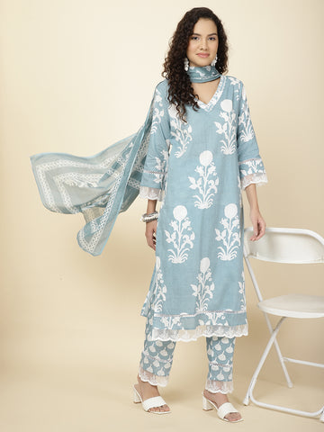 Floral Printed Cotton Kurta With Pants & Dupatta