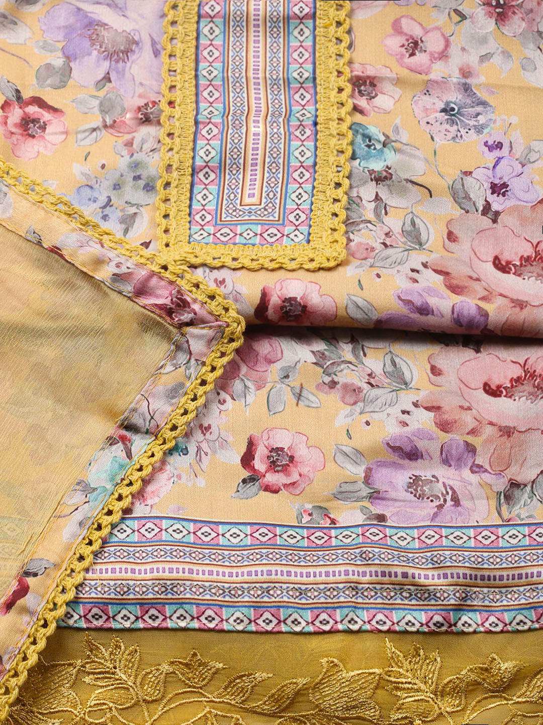 Embroidered Cotton Blend Unstitched Suit With Pant &amp; Dupatta