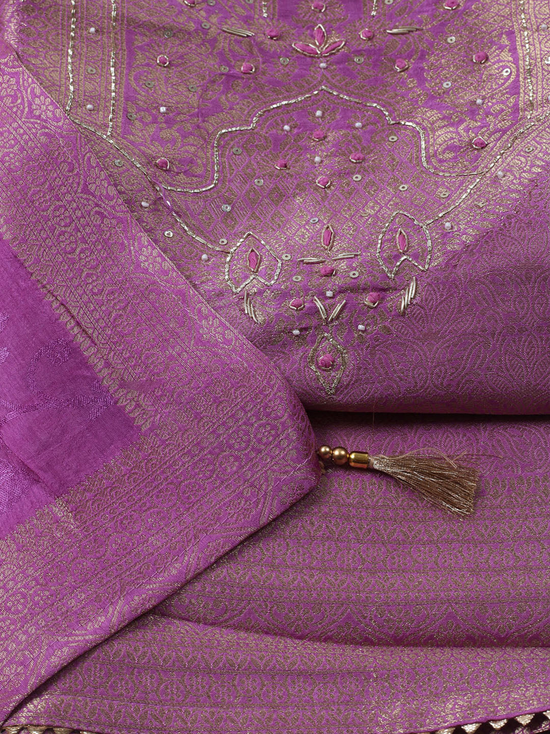 Embroidered Chanderi Unstitched Kurta With Pant &amp; Dupatta