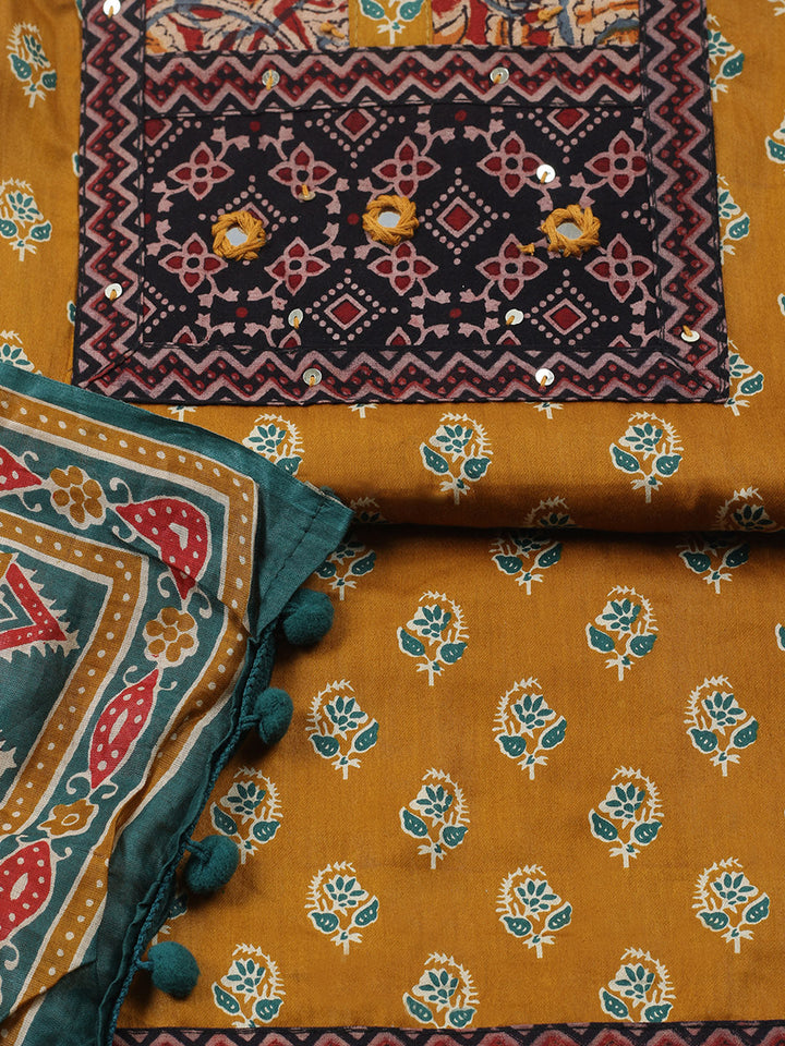 Printed Cotton Blend Unstitched Suit With Pant &amp; Dupatta