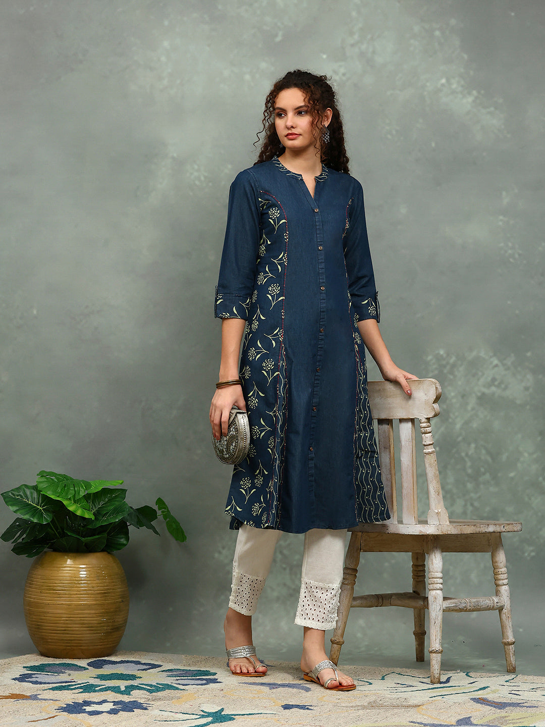 Printed Denim Kurta