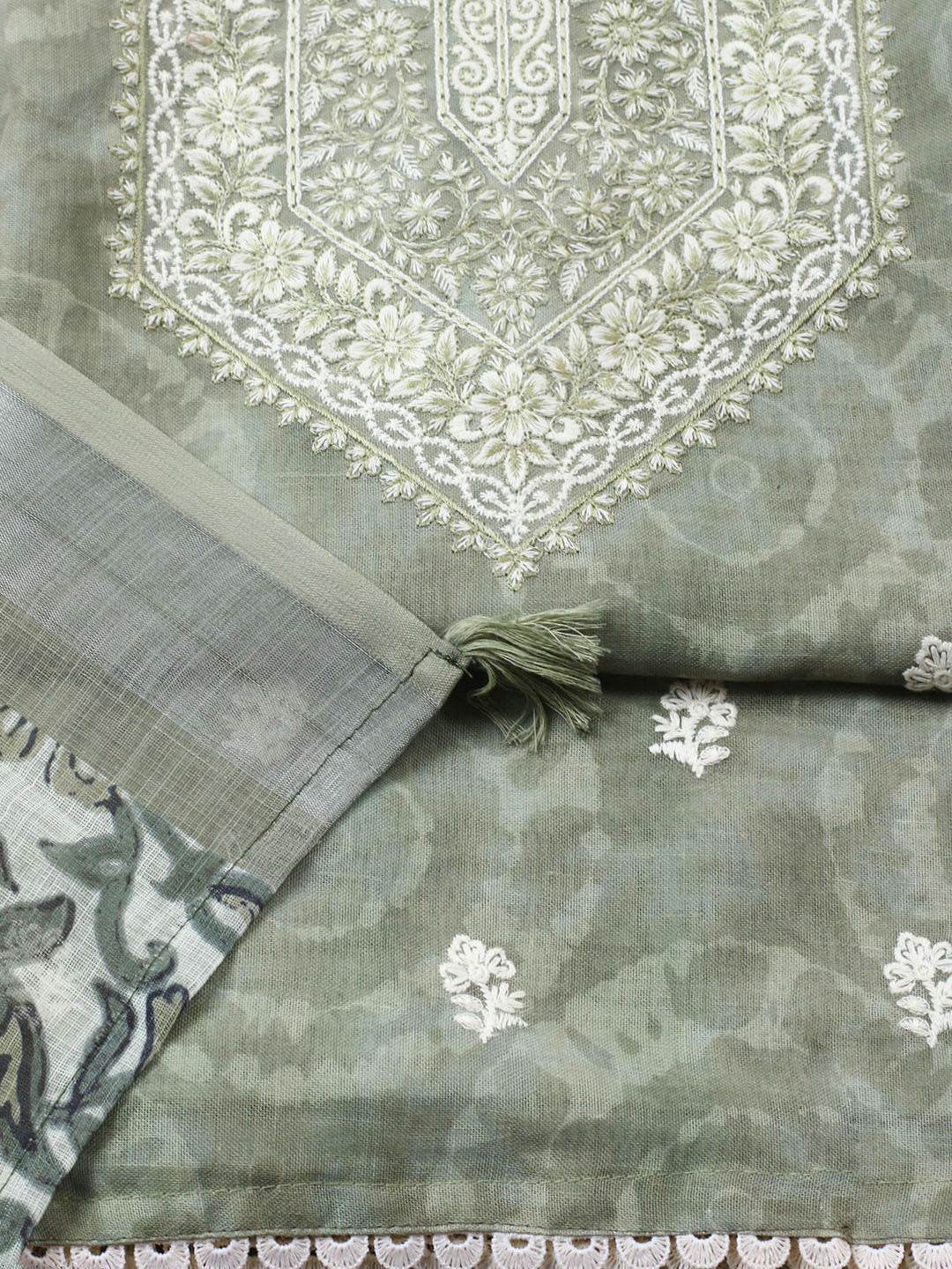 Embroidered Linen Blend Unstitched Suit With Pant Dupatta