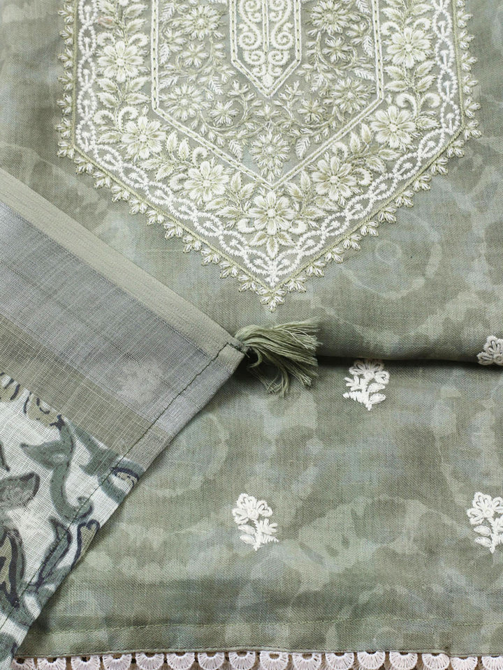 Embroidered Linen Blend Unstitched Suit With Pant Dupatta