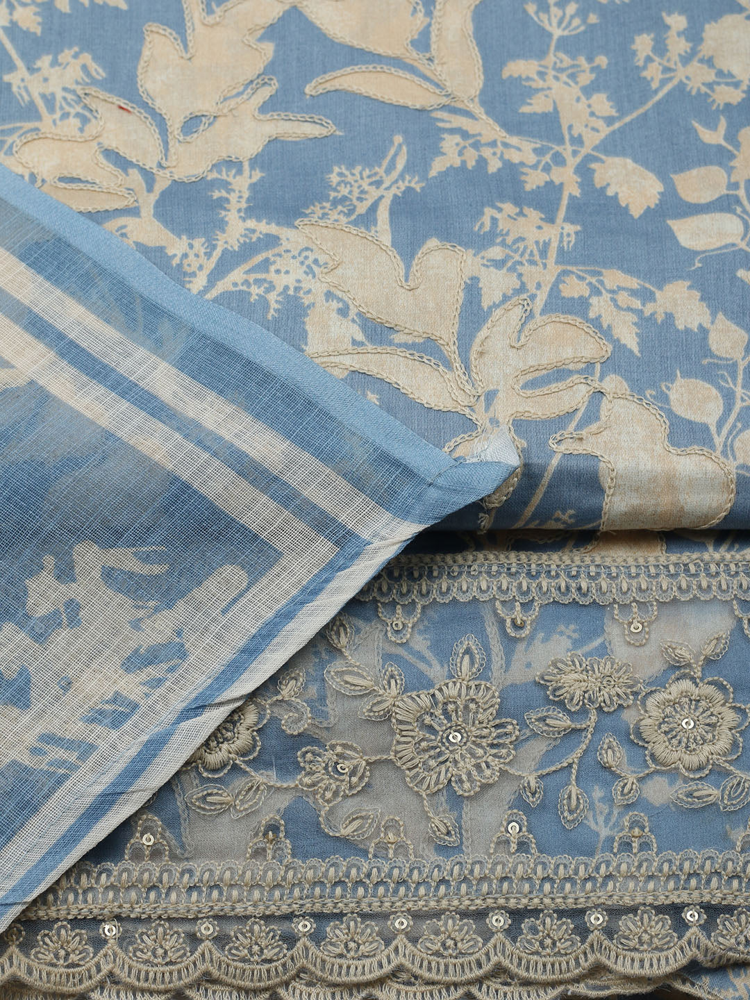 Embroidered Cotton Blend Unstitched Suit With Pant &amp; Dupatta