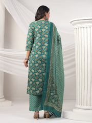 Printed Cotton Blend Kurta With Pants & Dupatta