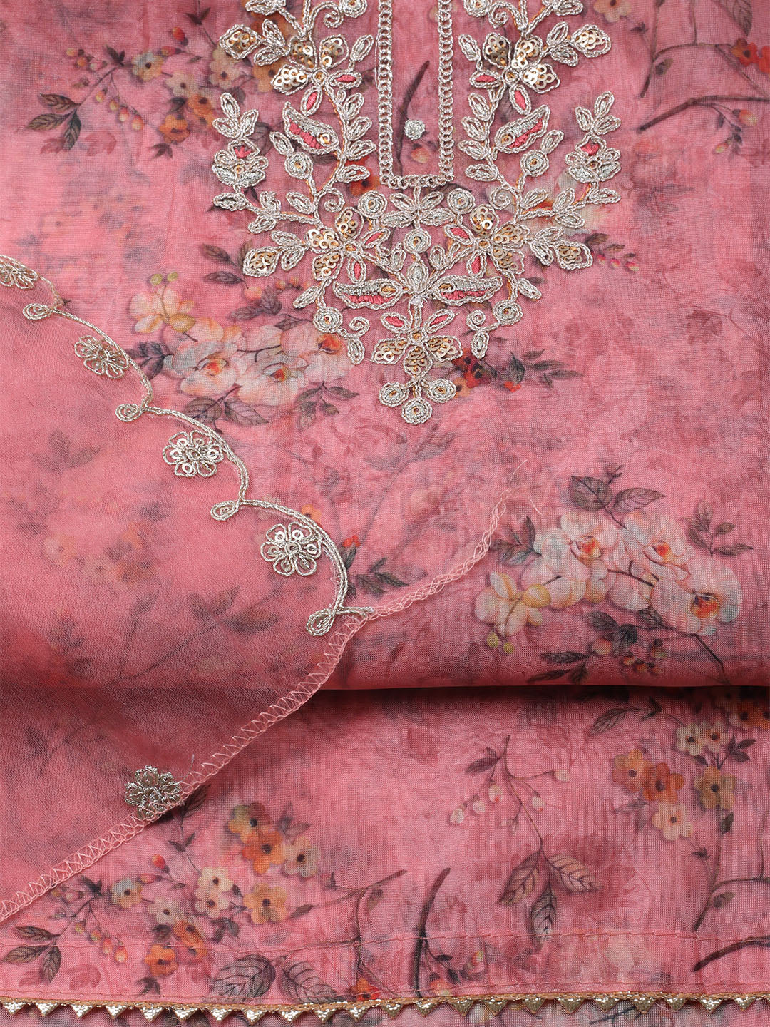 Neck Embroidered Organza Unstitched Suit With Dupatta