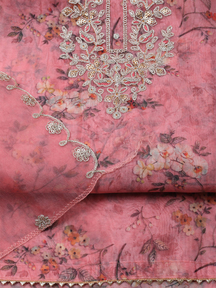 Neck Embroidered Organza Unstitched Suit With Dupatta