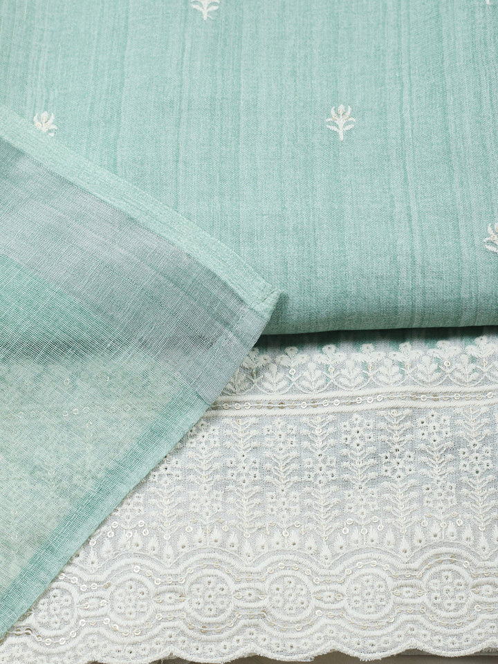 Embroidered Linen Blend Unstitched Suit With Pant &amp; Dupatta