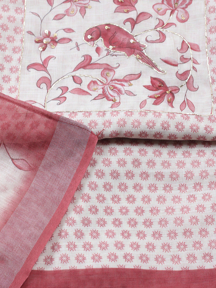 Printed Linen Blend Unstitched Suit With Pant &amp; Dupatta