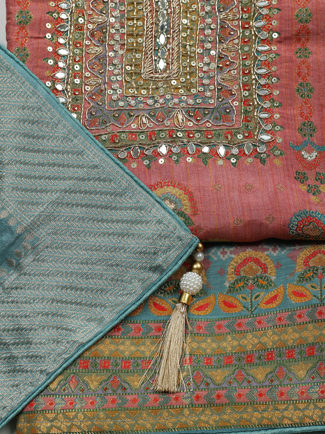 Embroidered Chanderi Unstitched Suit With Pant &amp; Dupatta