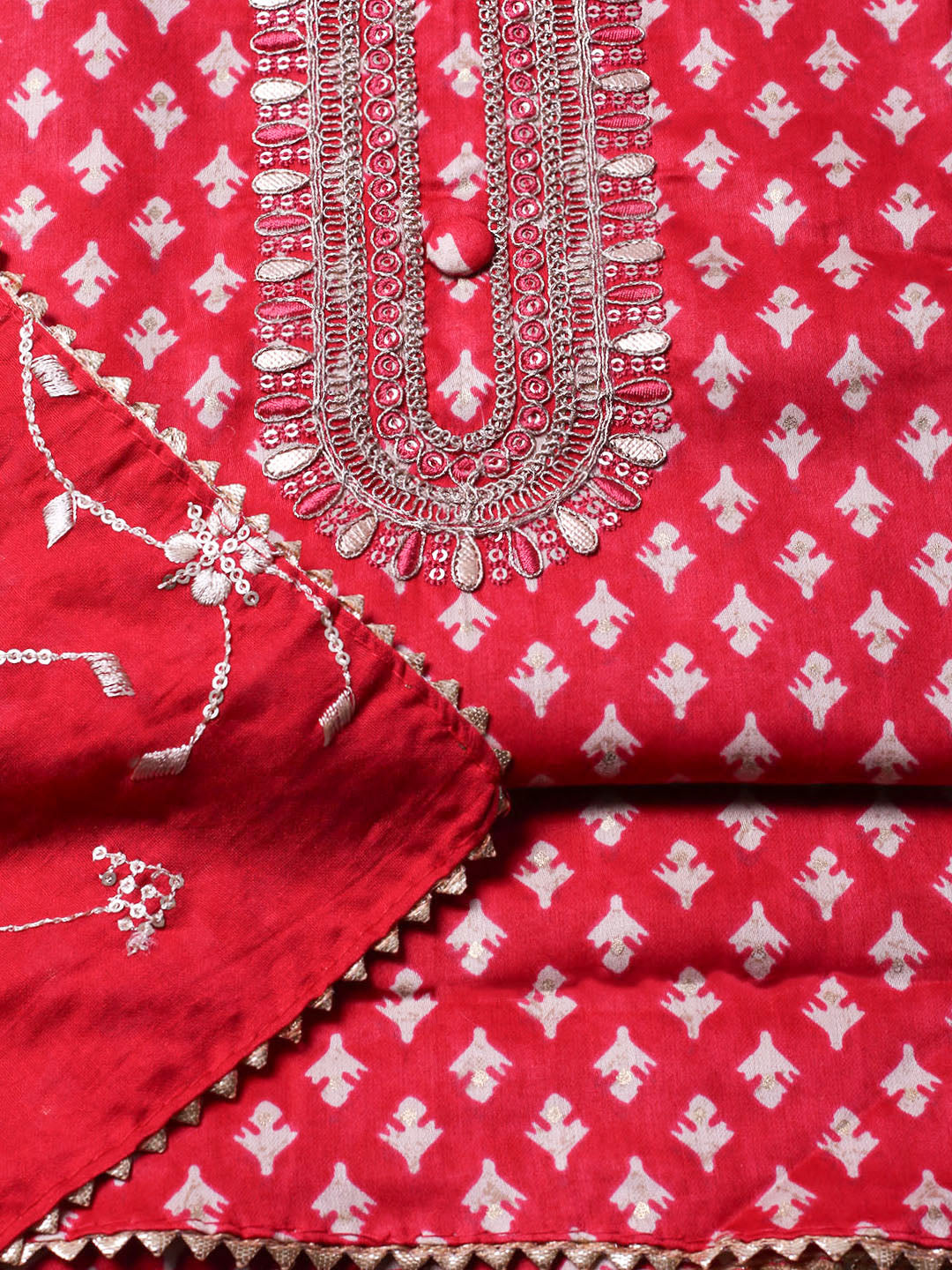 Embroidered Cotton Unstitched Suit With Pant &amp; Dupatta