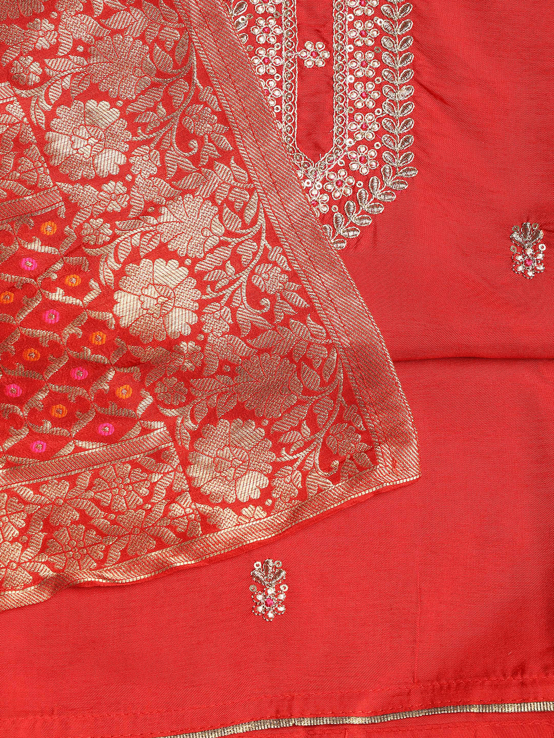 Neck Embroidered Chanderi Unstitched Suit With Dupatta