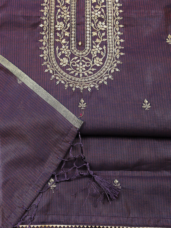Embroidered Chanderi Unstitched Suit With Pant &amp; Dupatta