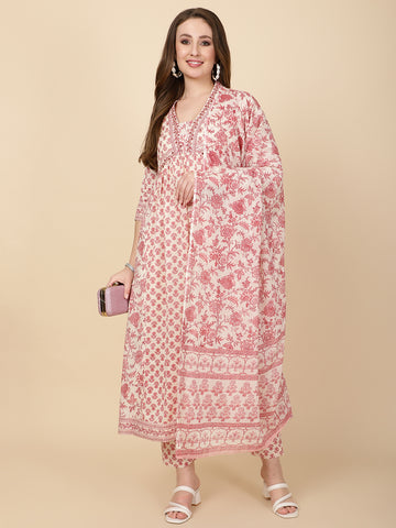 Floral Printed Cotton Kurta With Pants & Dupatta