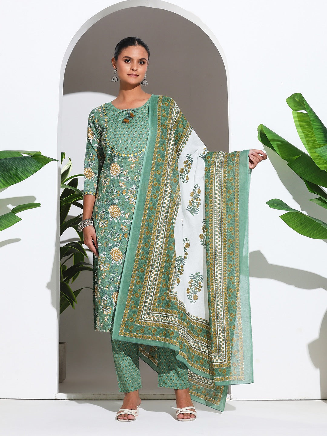 Printed Cotton Blend Kurta With Pant &amp; Dupatta