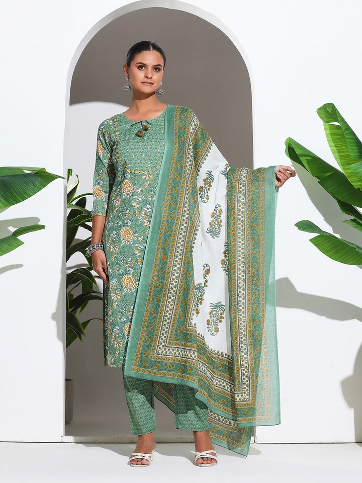 Printed Cotton Blend Kurta With Pant &amp; Dupatta