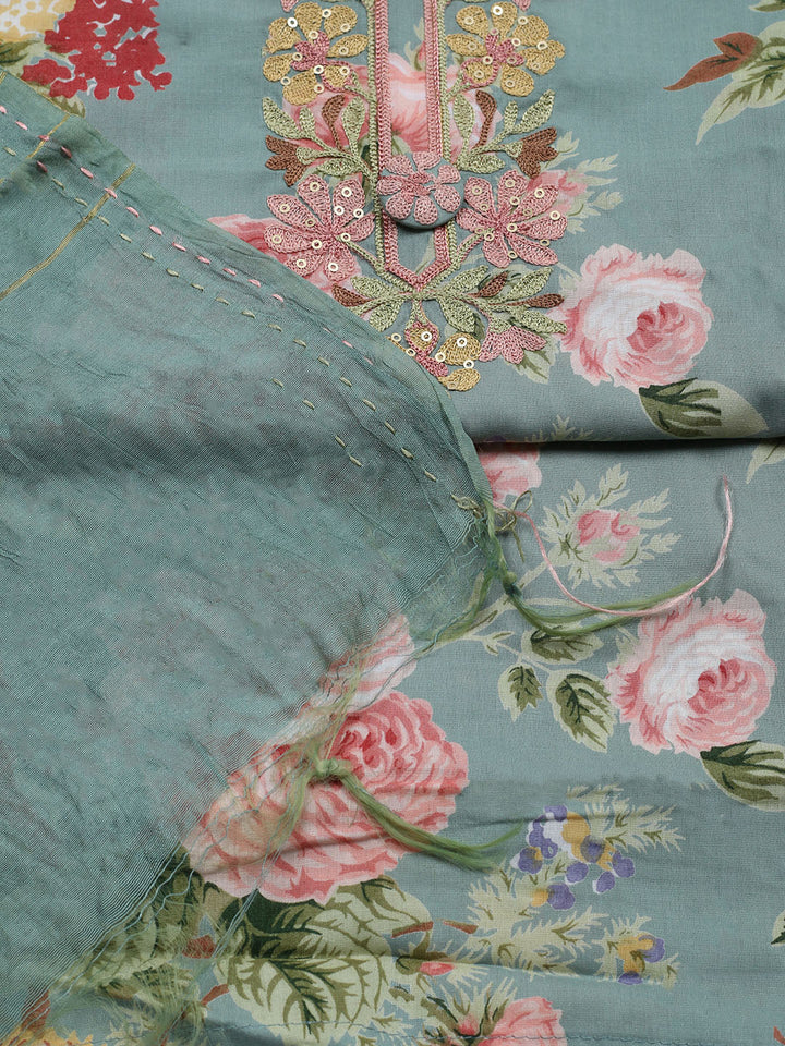 Embroidered Muslin Unstitched Suit With Pant &amp; Dupatta