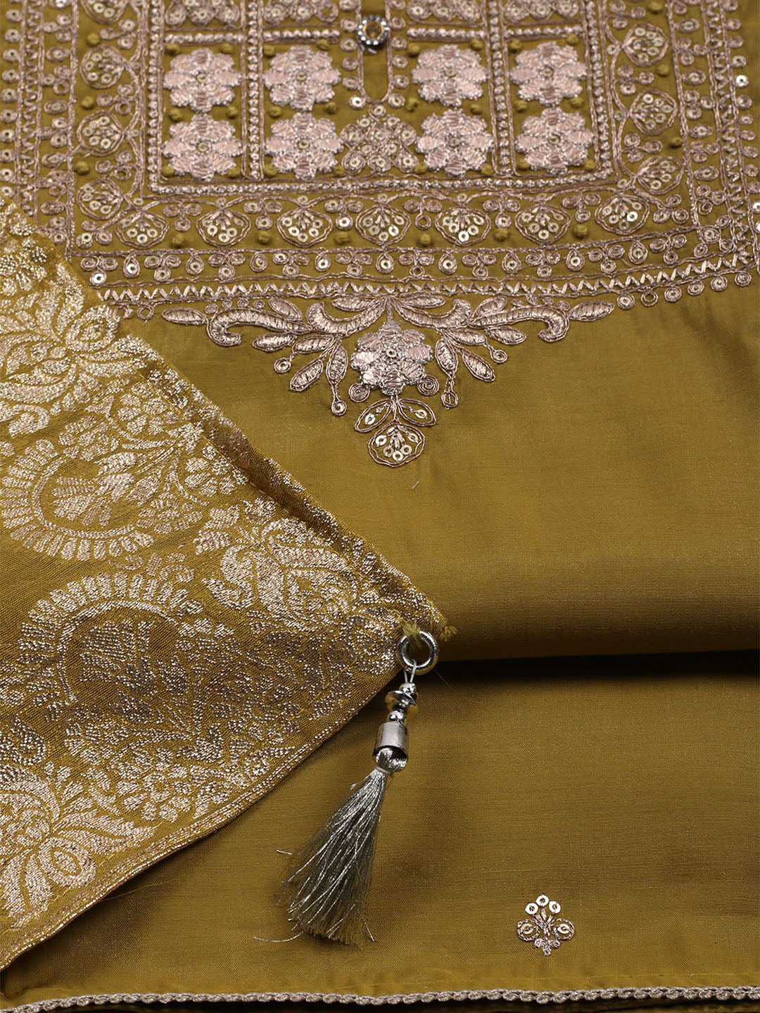 Neck Embroidered Chanderi Unstitched Suit With Dupatta