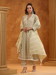 Printed Cotton Blend Kurta With Pants & Dupatta