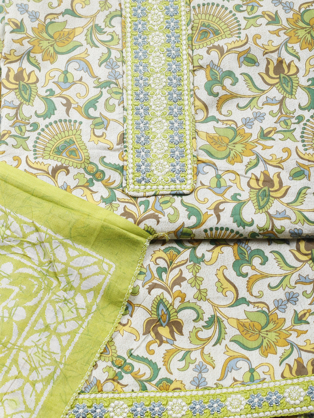 Printed Cotton Blend Unstitched Suit With Pant &amp; Dupatta