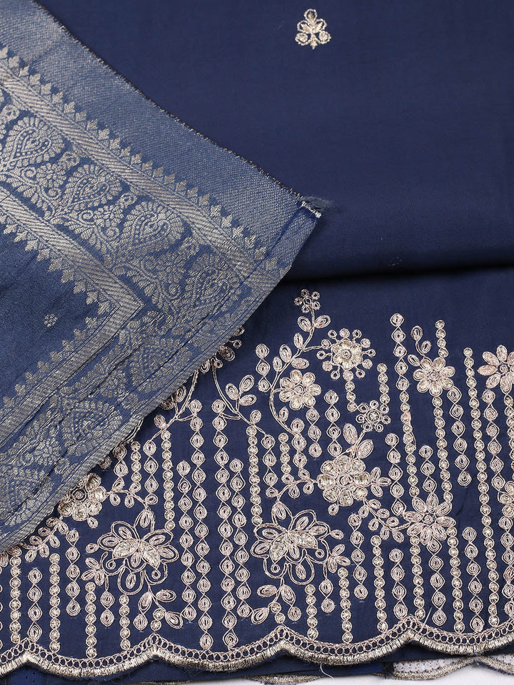 Embroidered Chanderi Unstitched Suit With Pant &amp; Dupatta