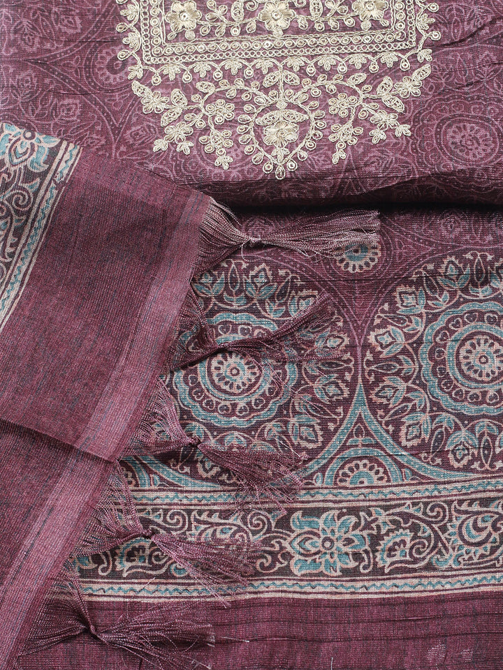 Embroidered Cotton Blend Unstitched Suit With Pant &amp; Dupatta