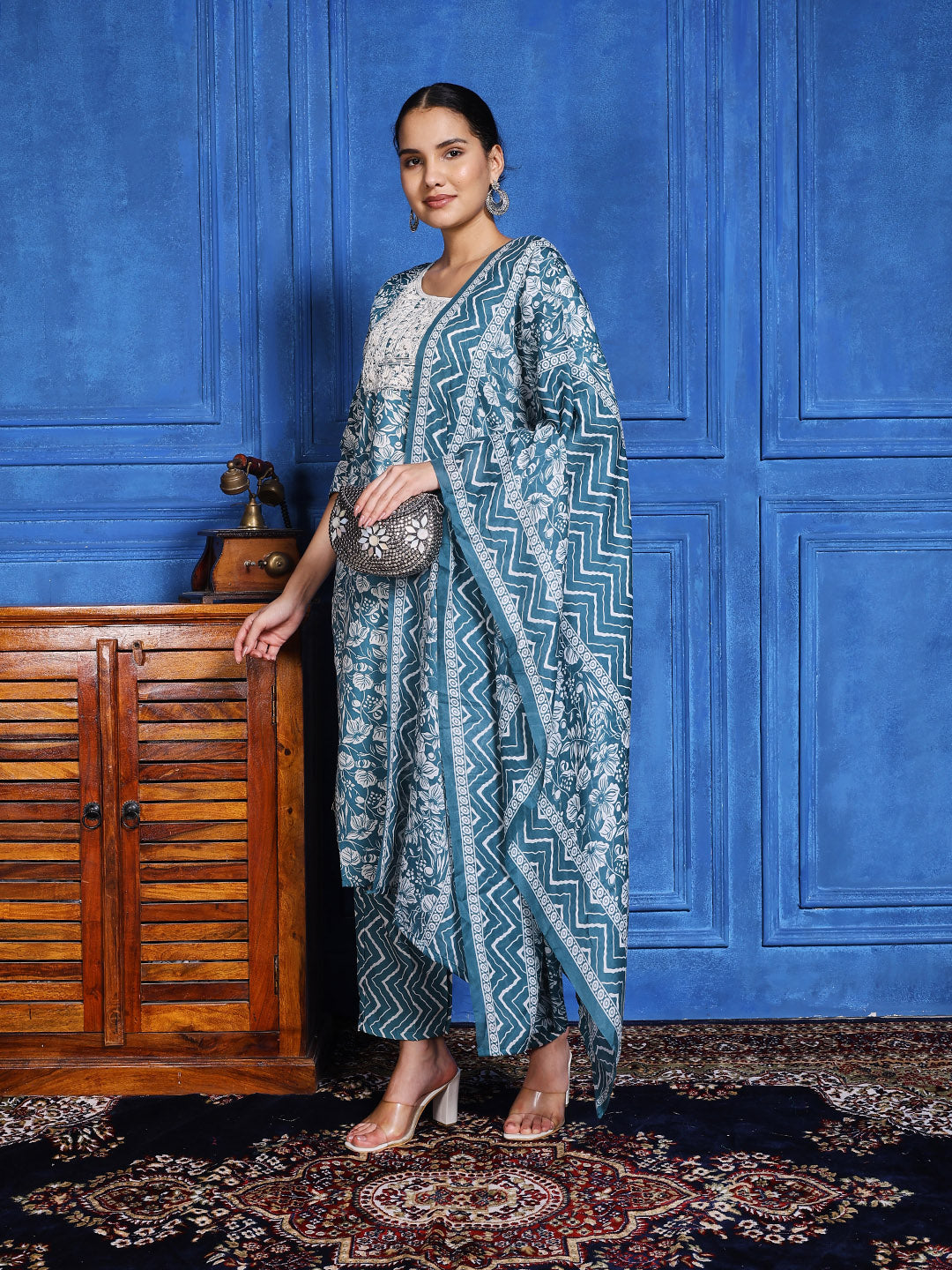 Printed Cotton Blend Kurta With Pants &amp; Dupatta