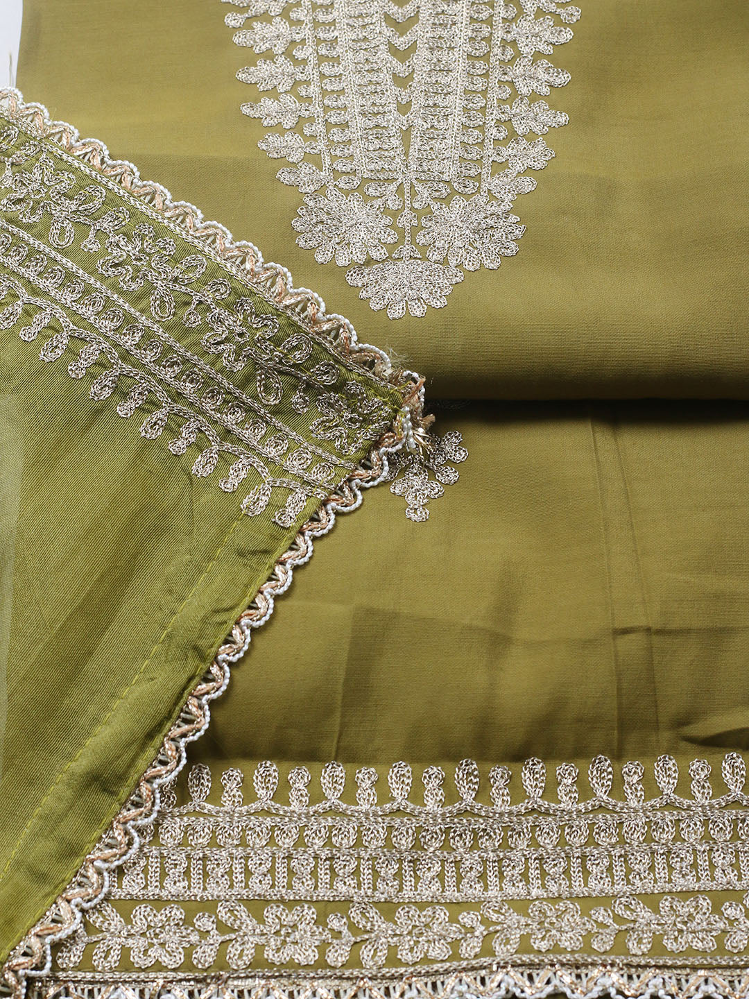 Embroidered Chanderi Unstitched Suit With Pant &amp; Dupatta
