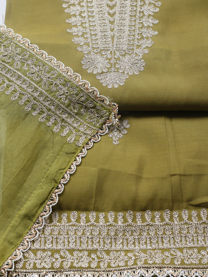 Embroidered Chanderi Unstitched Suit With Pant &amp; Dupatta