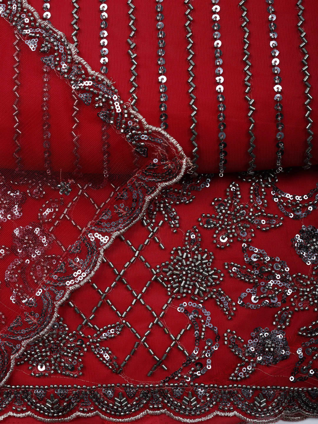 Embroidered Net Unstitched Suit With Pant &amp; Dupatta