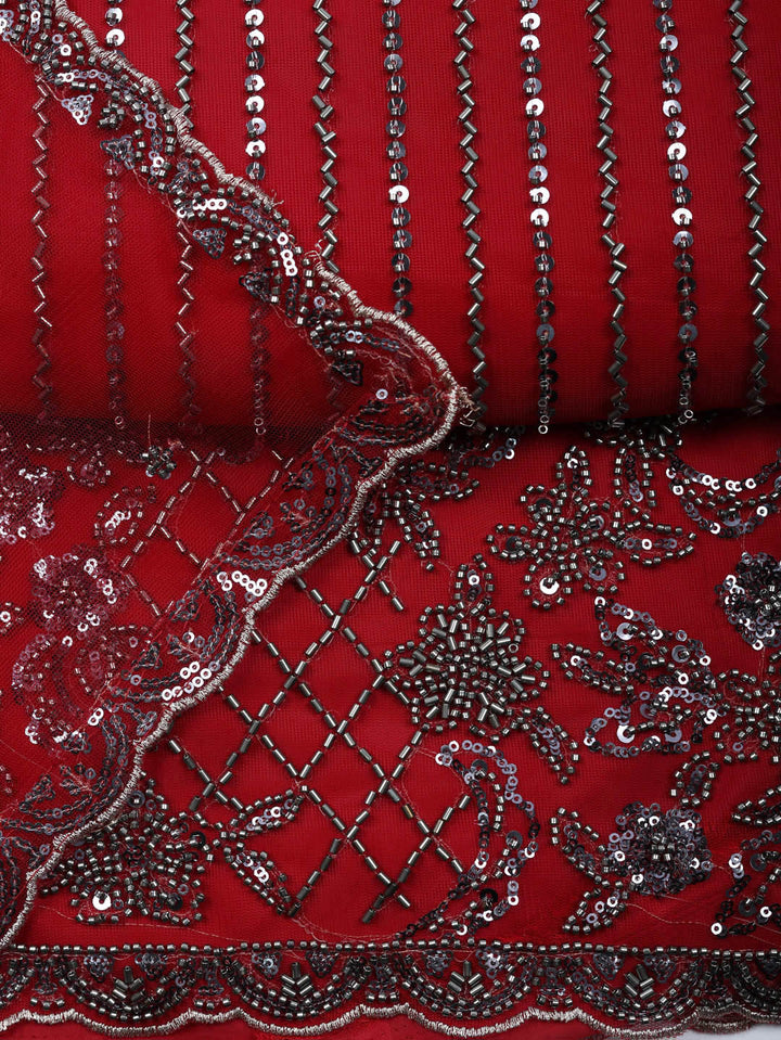 Embroidered Net Unstitched Suit With Pant &amp; Dupatta