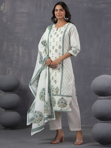 Digital Floral Printed Cotton Blend Kurta With Pants & Dupatta