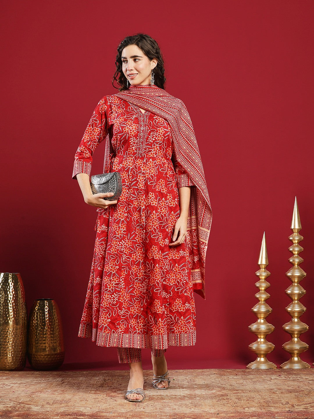 Printed Cotton Kurta With Pant &amp; Dupatta