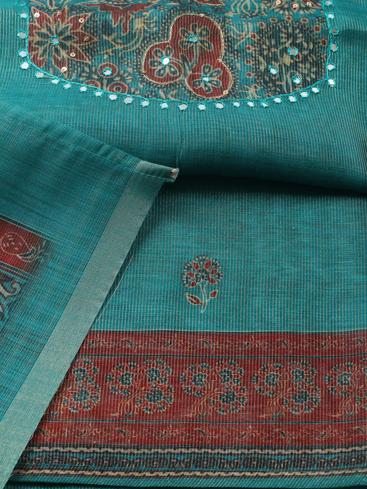 Embroidered Chanderi Unstitched Suit With Pant &amp; Dupatta
