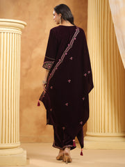 Neck Zari Embroidered Velvet Kurta With Pants & Dupatta