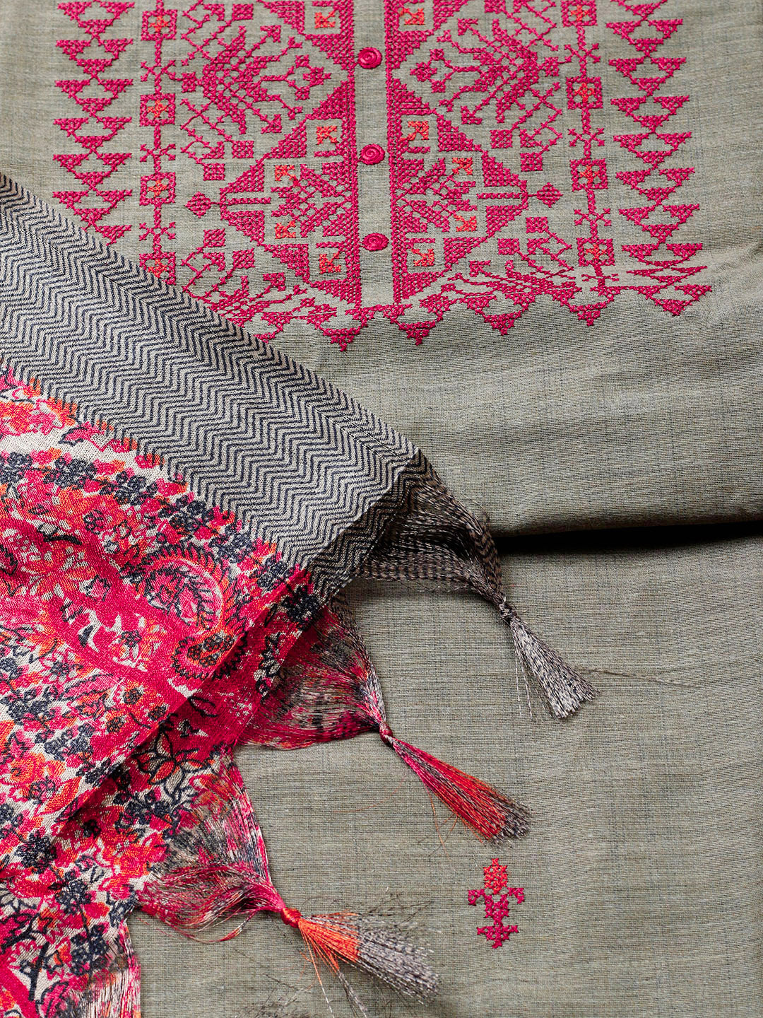 Embroidered Cotton Blend Unstitched Suit With Pant &amp; Dupatta