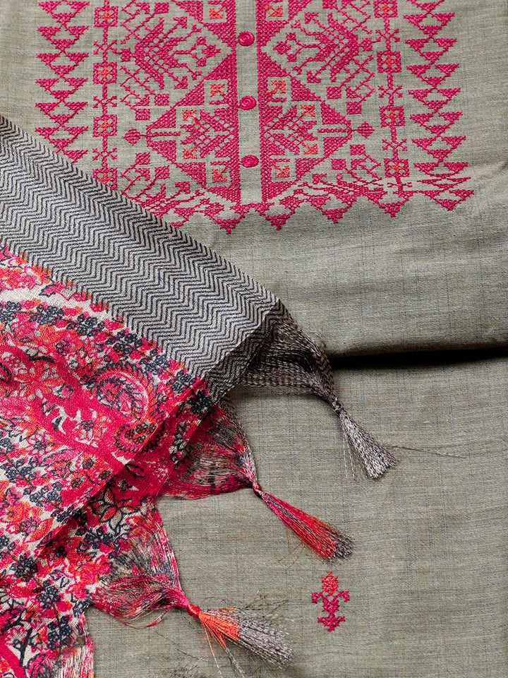 Embroidered Cotton Blend Unstitched Suit With Pant &amp; Dupatta