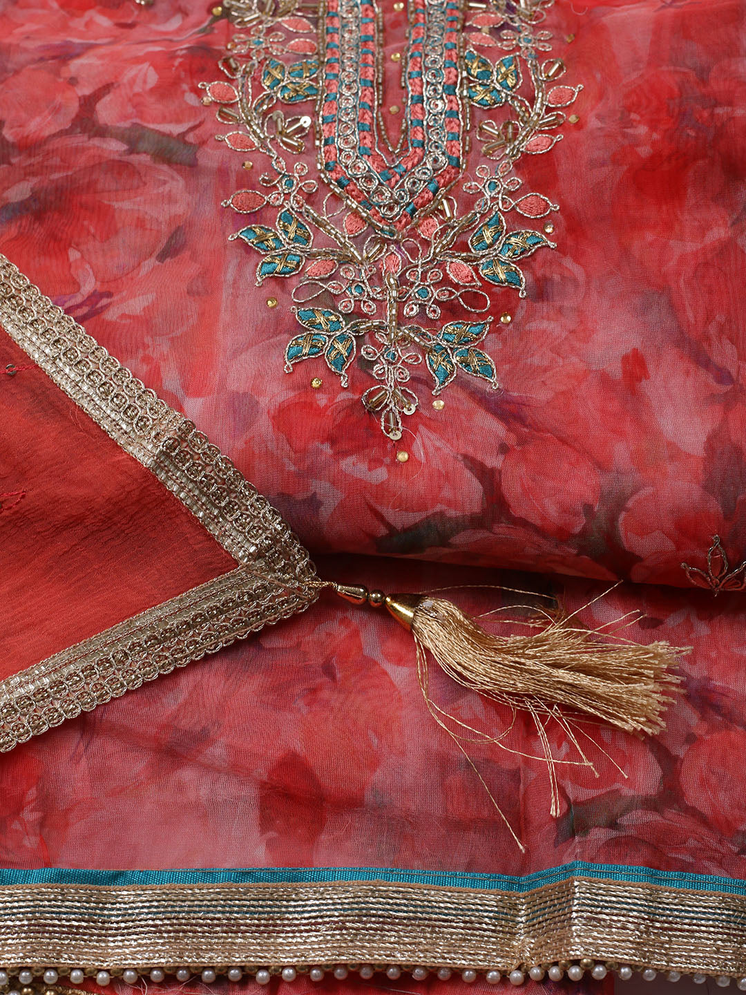 Neck Embroidered Organza Unstitched Suit With Dupatta