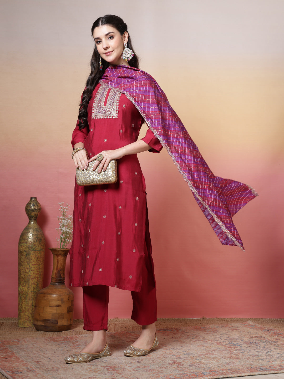 Printed Chanderi Kurta With Pants &amp; Dupatta