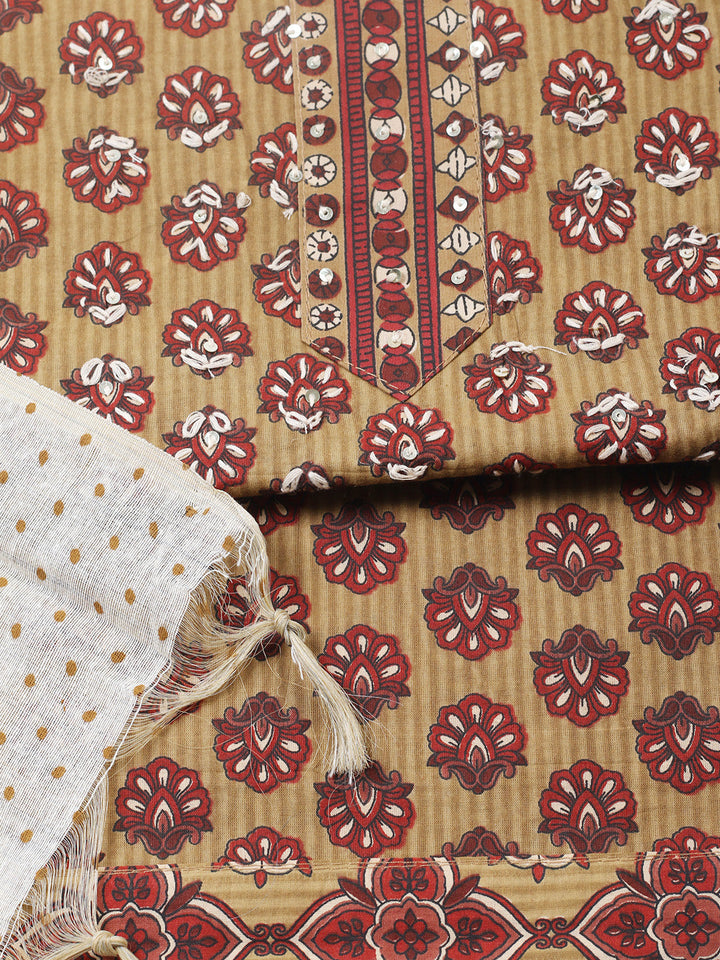 Printed Cotton Blend Unstitched Suit With Pant &amp; Dupatta