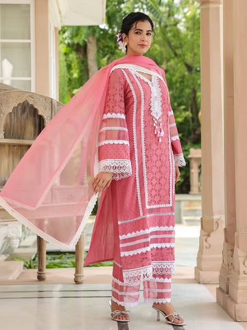 Embroidered Cotton Kurta With Pants & Dupatta