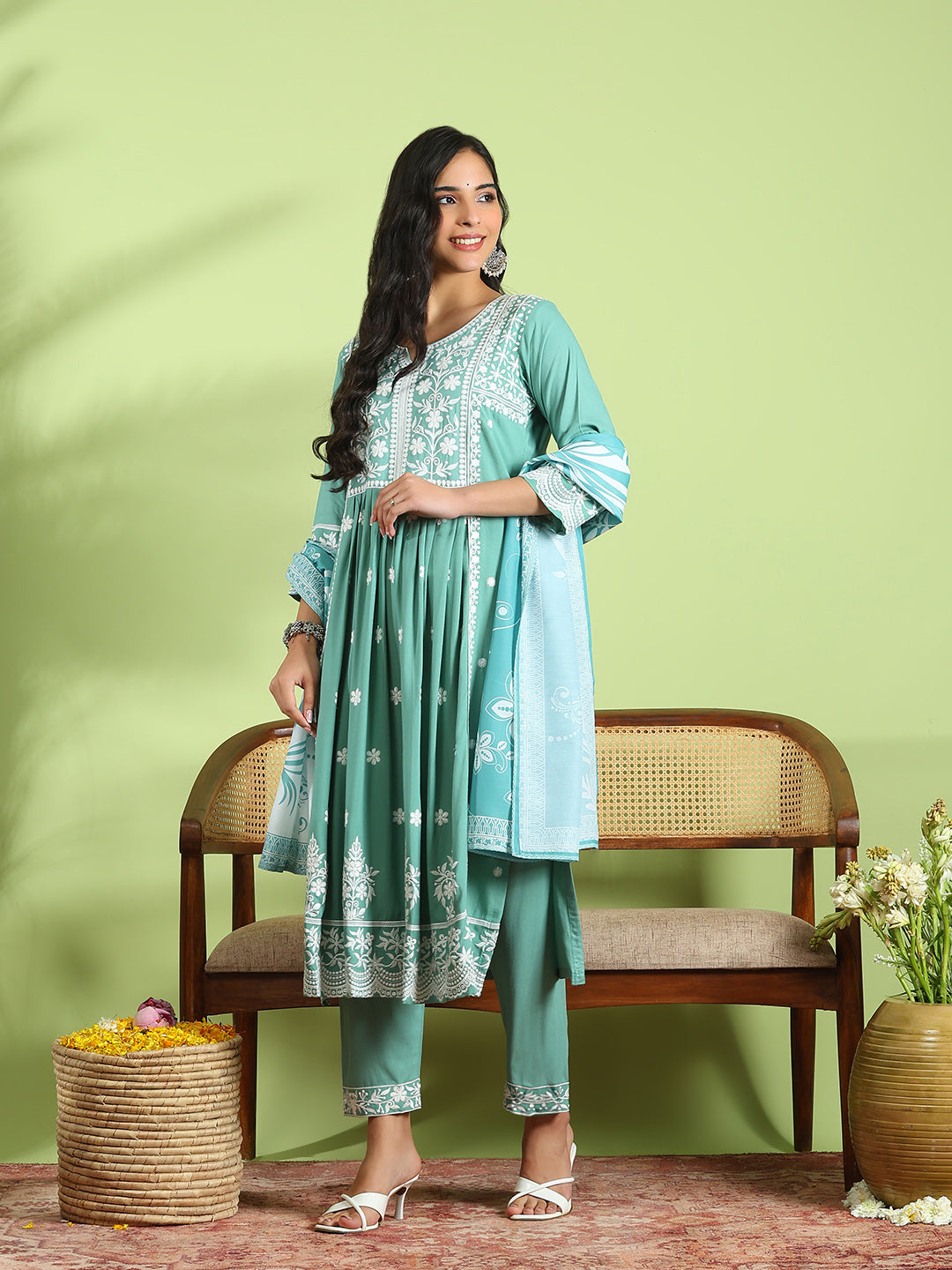 Embroidered Cotton Kurta With Pant &amp; Dupatta