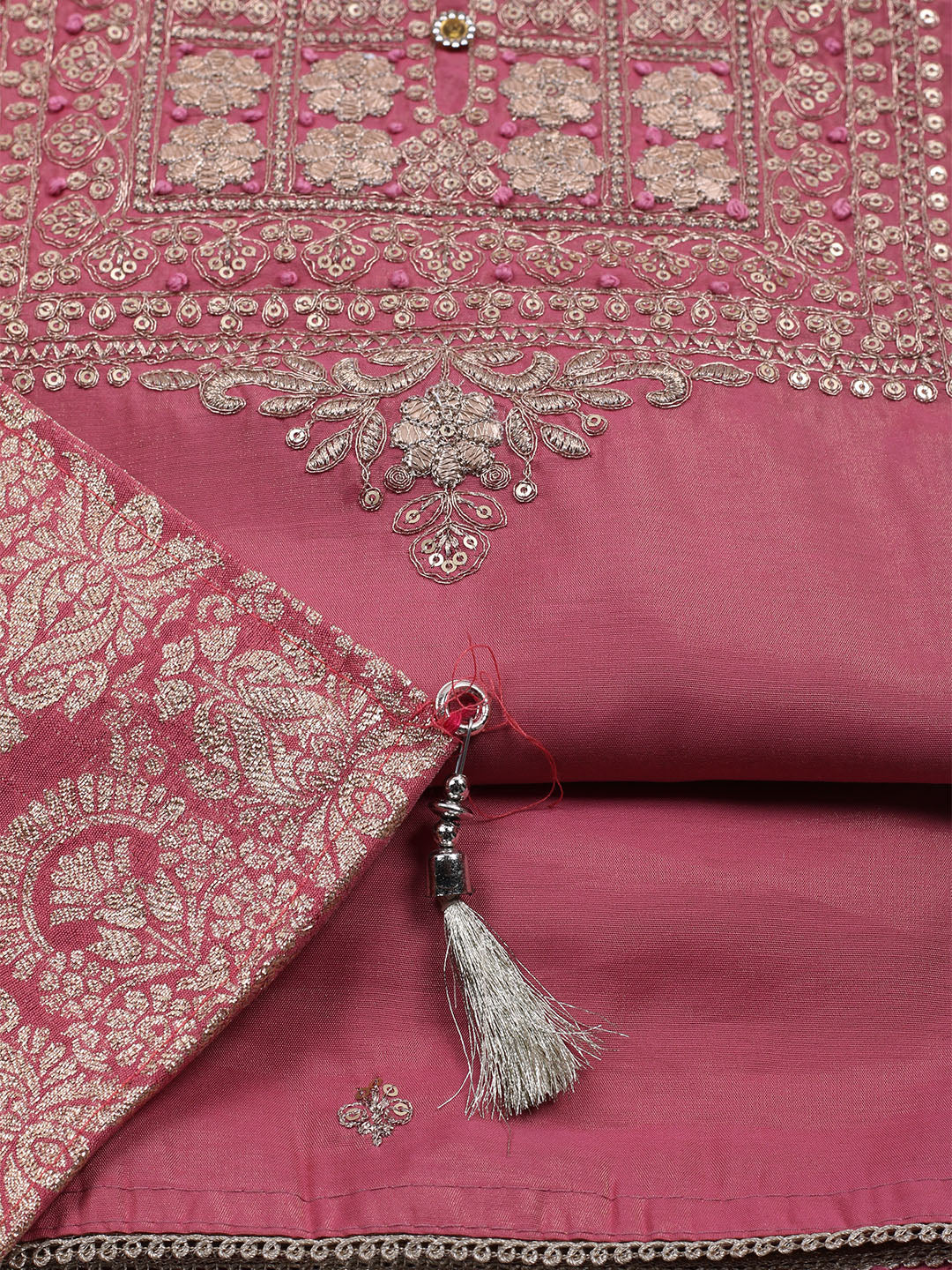 Neck Embroidered Chanderi Unstitched Suit With Dupatta