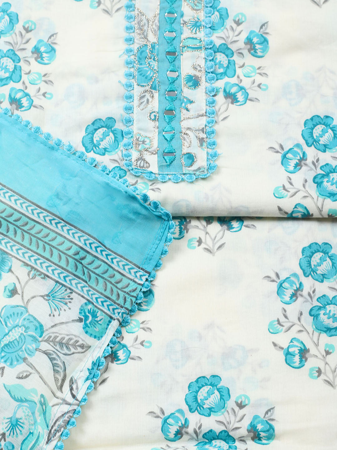 Embellished Cotton Blend Unstitched Suit With Pant Dupatta