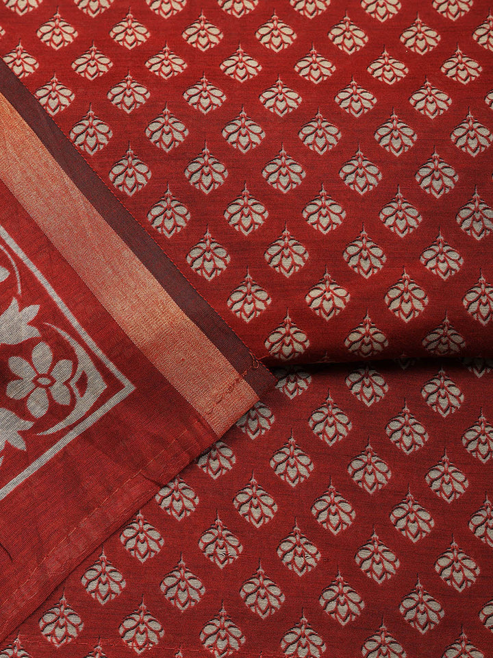 Printed Chanderi Unstitched Suit With Pant &amp; Dupatta