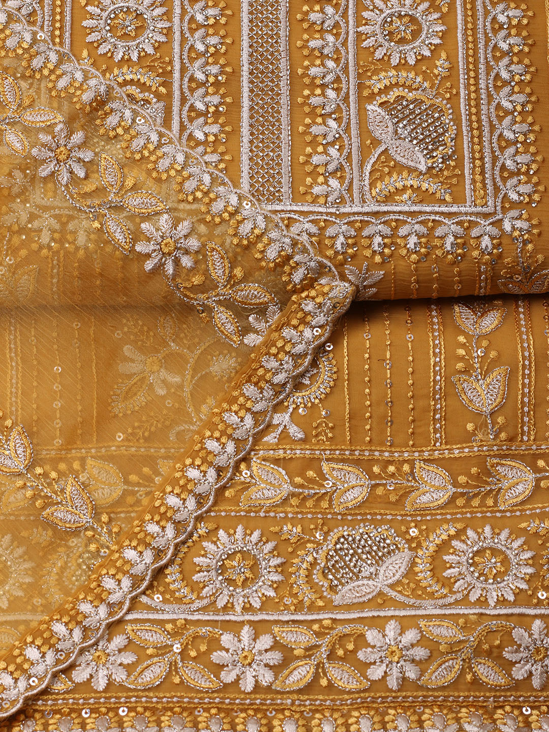 Embroidered Organza Unstitched Suit With Pant &amp; Dupatta
