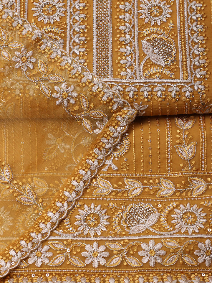 Embroidered Organza Unstitched Suit With Pant &amp; Dupatta