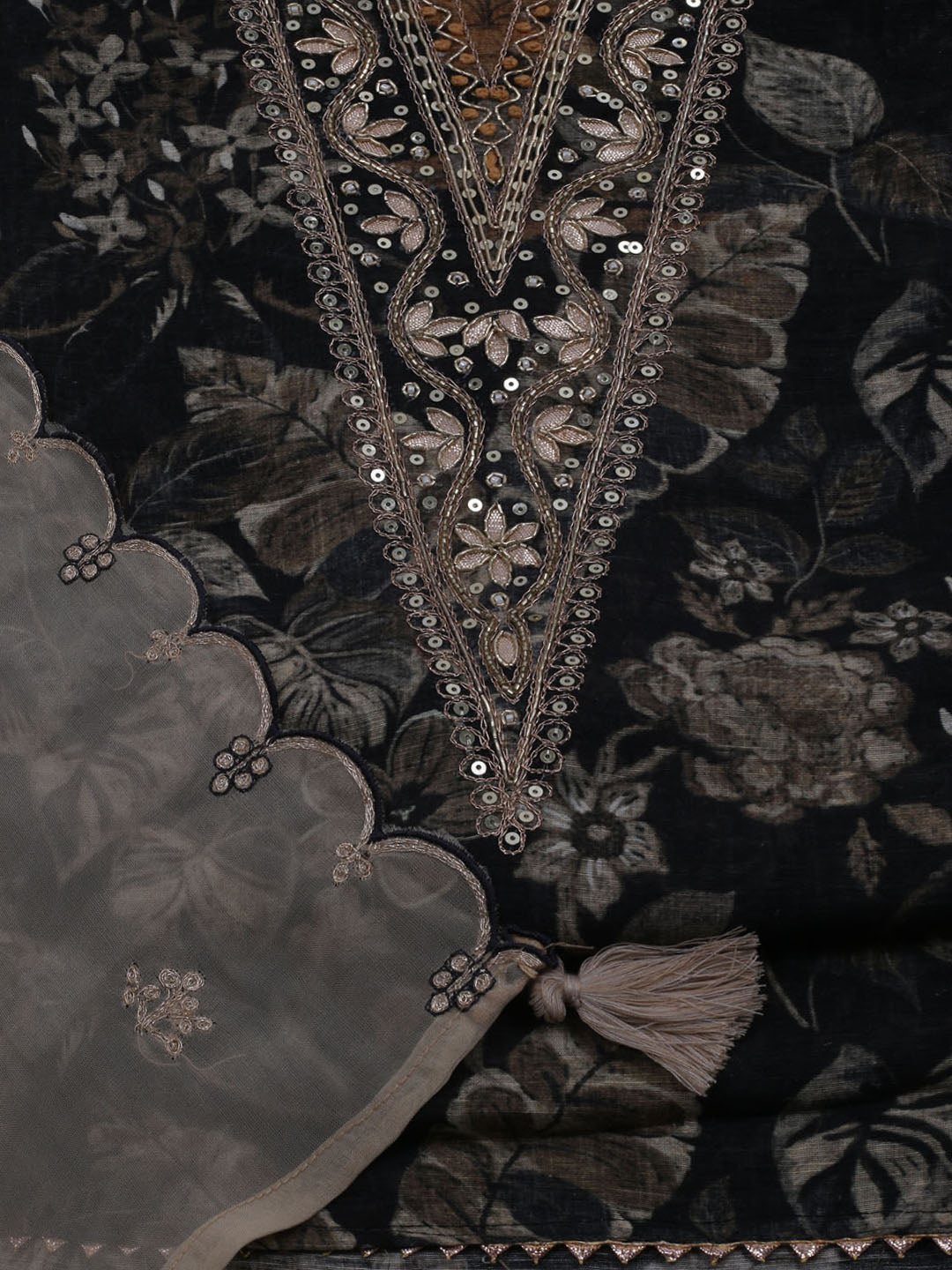 Neck Embroidered Chanderi Unstitched Suit With Dupatta