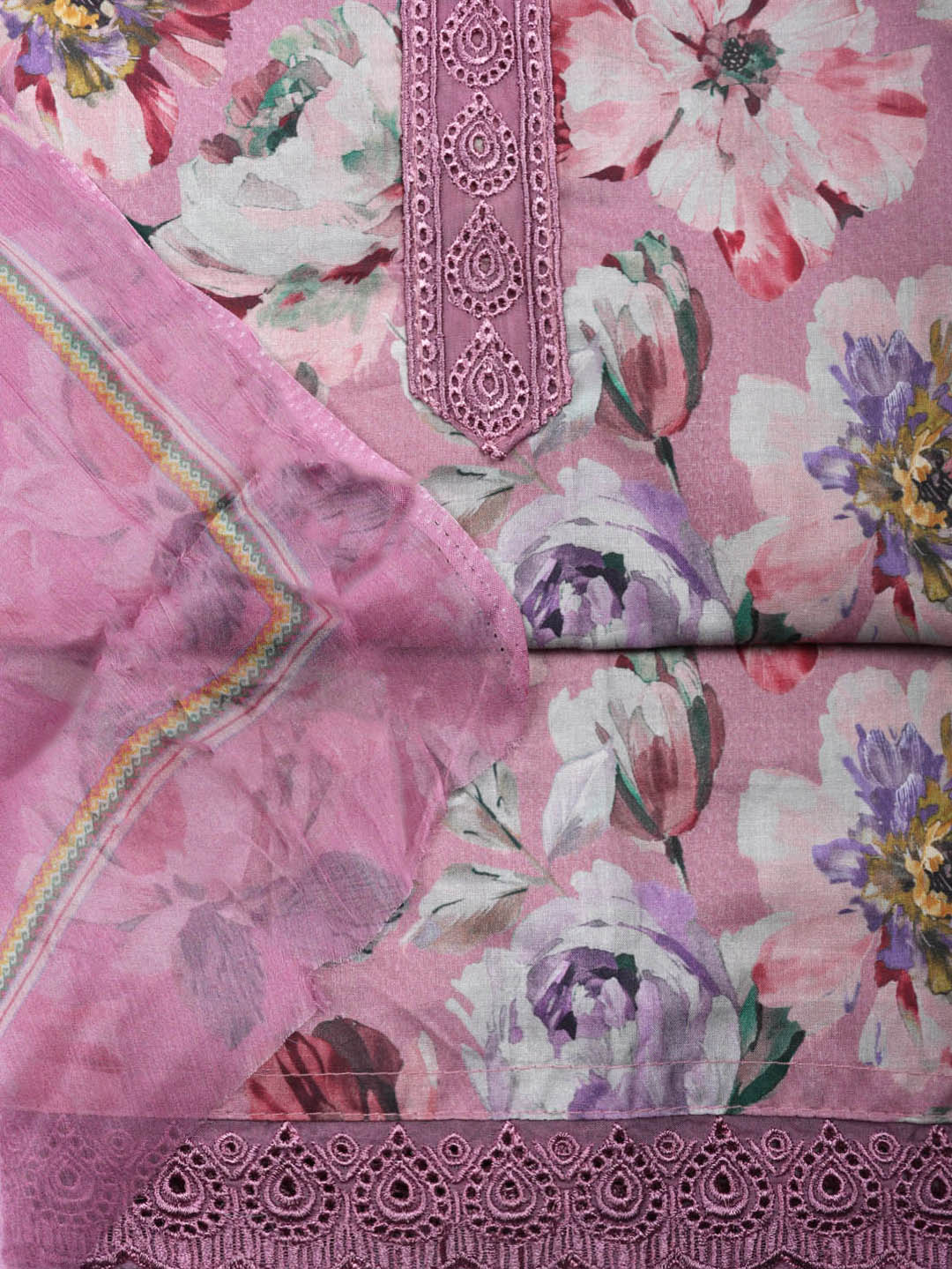 Embroidered Cotton Blend Unstitched Suit With Pant &amp; Dupatta