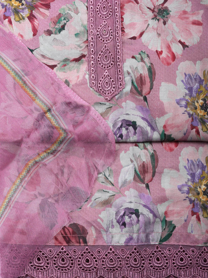Embroidered Cotton Blend Unstitched Suit With Pant &amp; Dupatta